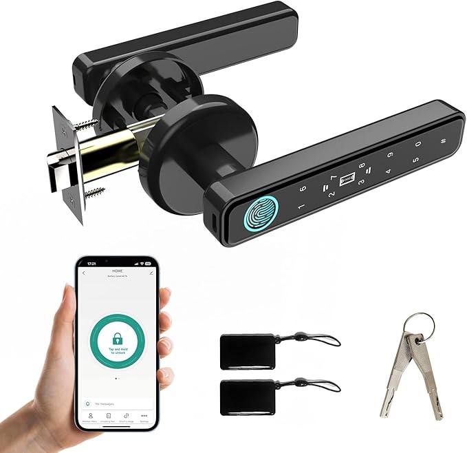 Smart Door Knob & Handle-Fingerprint Door Lock- Keyless Entry Door Lock with Key & Keypad, Bluetooth App Control, Touchpad Control, Privacy & Passage Modes for Home, Bedroom, Office, Apartment