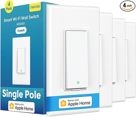 meross Smart Light Switch 4 Pack Supports Apple HomeKit, Siri, Alexa, Google Assistant & SmartThings, Single Pole Light Switch, Neutral Wire Required, Remote Control Schedule, 2.4GHz Wi-Fi