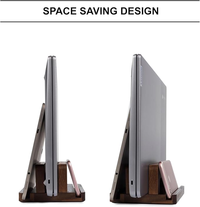 S&A WOODCRAFT 3 Slots Acacia Wood Vertical Laptop Stand, Adjustable Wooden Laptop Holder, Non-Slip Laptop Dock Compatible with Apple MacBook, Microsoft Surface, Gaming Laptops, IPad, Tablets