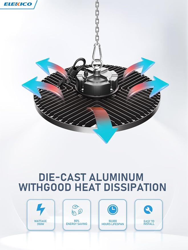 Upgrade 350w Led Shop Lights, 6 Pack Super Bright 52500lm 5000k UFO Led High Bay Light, High Bay Led Shop Lights with Us Plug 5' Cable for Garage Workshop Factory Barn Gym Warehouse