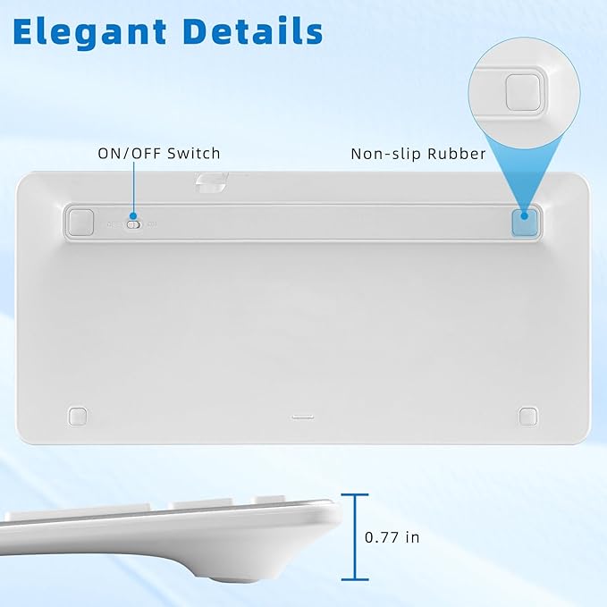Bluetooth Keyboard, Ultra-Slim Wireless Keyboard for iPad, Rechargeable Ergonomic Computer Keyboard for iOS, Android, Windows PC Tablets Phone, White Silver