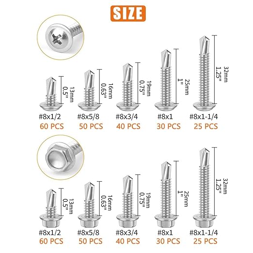 410 Stainless Steel #8Self Tapping Screws Assortment Kit 410PCS,Self Drilling Modified Truss Head & Hex Washer Head Sheet Metal TEK Screws 1/2" to 1-1/4'' (1, Silver, Hex Head & Truss Head 410 pcs)