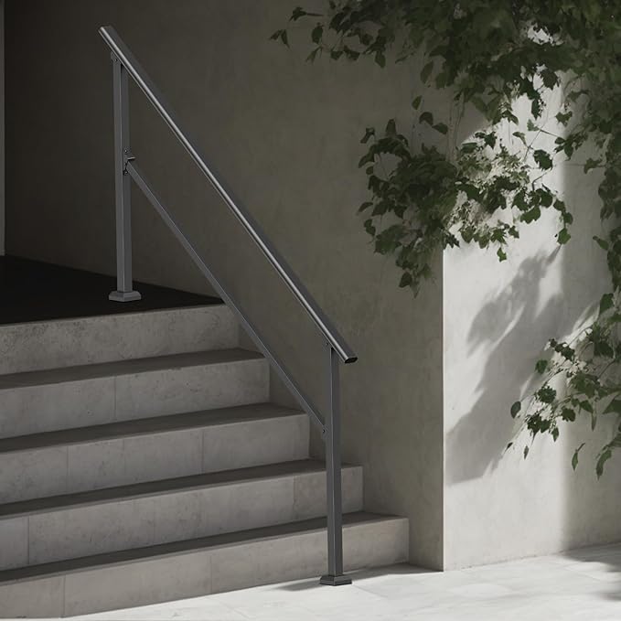 VEVOR Handrails for Outdoor Steps, 5 Step Stair Hand Rail Kit, Transitional Carbon Steel Railings with Installation Kit, Stair Rails for Seniors, Concrete Steps & Porch & Deck, Black Square Tube