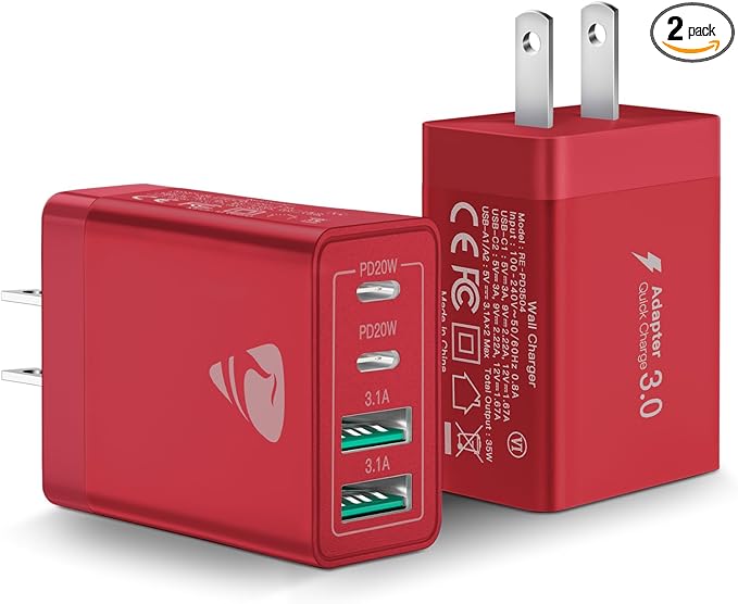 USB C Charger Block 2-Pack, Aiminu 40W 4-Port Fast USB C Charger Cube PD Power Delivery Fast Type C Charging Block Plug Adapter for iPhone 16/15/14/13/12/11/Pro Max, XS/XR/X, iPad, Android Phones