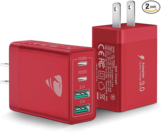 USB C Charger Block 2-Pack, Aiminu 40W 4-Port Fast USB C Charger Cube PD Power Delivery Fast Type C Charging Block Plug Adapter for iPhone 16/15/14/13/12/11/Pro Max, XS/XR/X, iPad, Android Phones