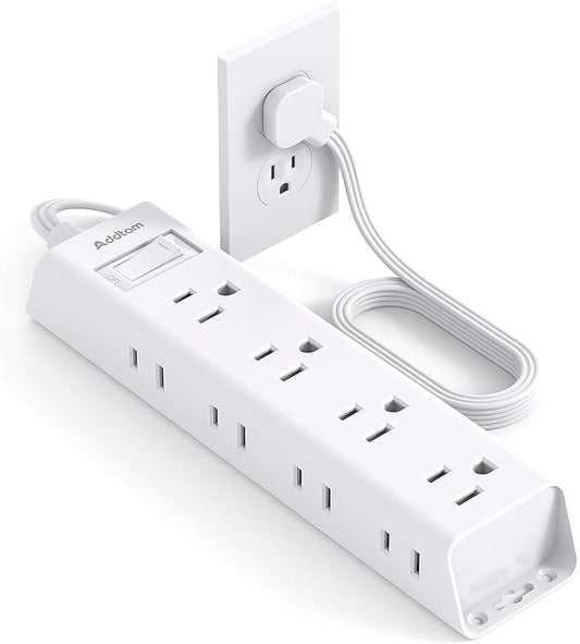 Short Extension Cord 3ft - Addtam Surge Protector Power Strip with 12 Widely Outlets 3 Sides, Flat Plug, Multi Plug Outlet Extender for Home Office Dorm Room Essentials, White