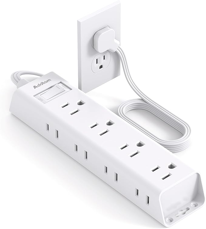 Short Extension Cord 1Ft, Flat Plug Power Strip - Addtam 12 Widely AC 3 Sides Multiple Outlets, 1050J Surge Protector, Wall Mount, Desk Charging Station for Home Office Dorm Room Essentials