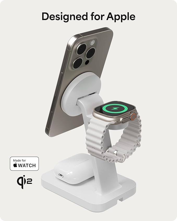 Mophie Snap+ 3-in-1 Wireless Charging Stand - MagSafe & Qi2 Certified, Compatible with iPhone 16/15/14/13/12, Apple Watch, AirPods - Multi-Device Magnetic Charging Station, Eco-Friendly Design, White