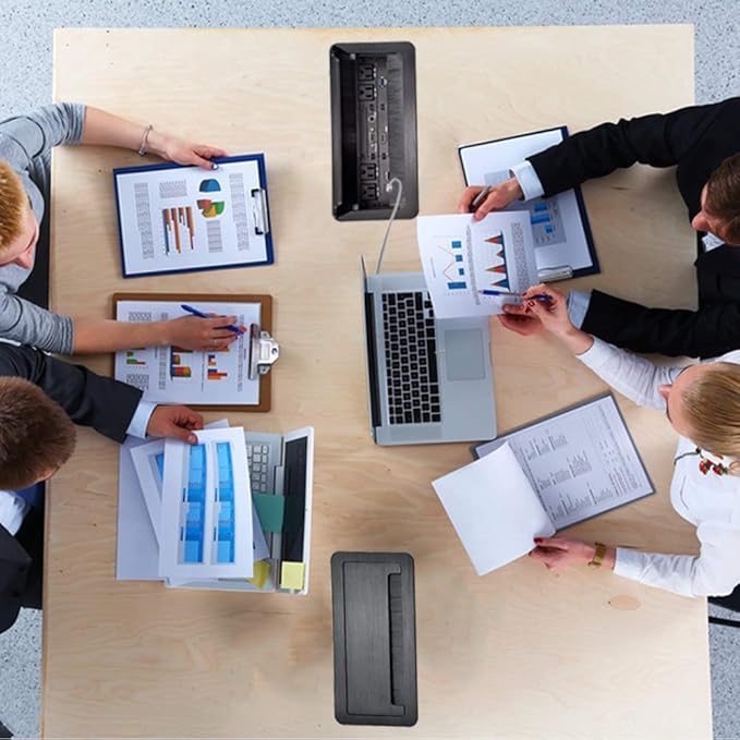 Table Recessed Power Brush Connectivity Box Outlet Power Strips with 4 AC Power + 2 RJ45（CAT6） + 2 Audio 3.5mm + 1 VGA + 1 HDMI + 1 USB 3.0 (Female to Female) with 5.58ft Power Cord (Silver)