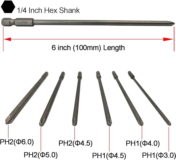 Long Phillips Cross Screwdriver Bit Sets PH1(Φ3.0) PH1(Φ4.0) PH1(Φ4.5) PH2(Φ4.5) PH2(Φ5.0) PH2(Φ6.0) 6 Pieces 6 Inch Length S2 Steel Cross Phillips Screwdriver Bit Set(6Pcs Cross Head)