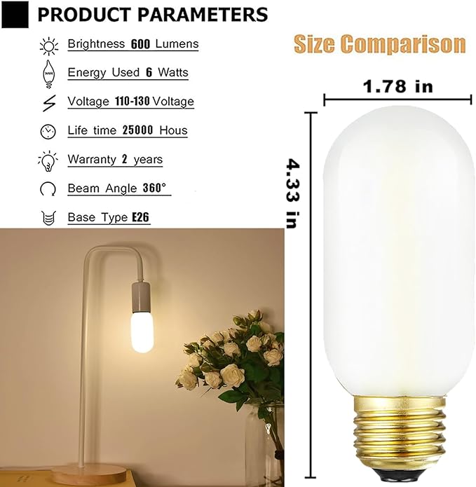 Leools E26 LED Bulb 6W Equivalent e26 led Bulb 60 Watt Warm White 2700K Frosted Glass Dimmable E26 Edison Bulb AC120V 600lm Tubular T14 LED Bulb for Pendant, Sputnik, Pack of 6.