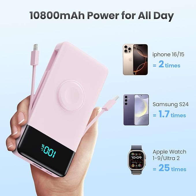 Portable Charger for iPhone with Built in Cables & Wall Plug,6-in-1 10800mah Power Bank with iWatch Charger,22.5W PD Fast Charging LCD Display Battery Pack for iPhone 16/15,Android,Apple Watch-Pink