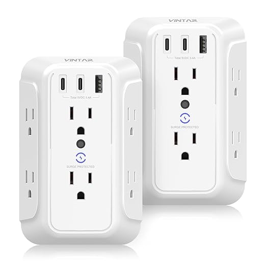 [2-Pack] Surge Protector Outlet Extender, VINTAR 6 Outlet Splitter with 3 USB Charging Ports (2 USB C),900J Multi Plug Outlet Power Strip, 3-Sided Usb Wall Charger for Home Office Dorm Room Essentials