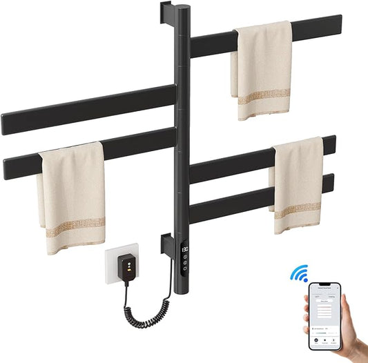 Smart Heated Towel Rack, Black, Stainless Steel, Wall-Mounted, 16.46"L x 16.46"W x 26.57"H, Alexa Compatible, WiFi Remote Control, Touch Panel, 110V, IPX5, Hardwired & Plug-in