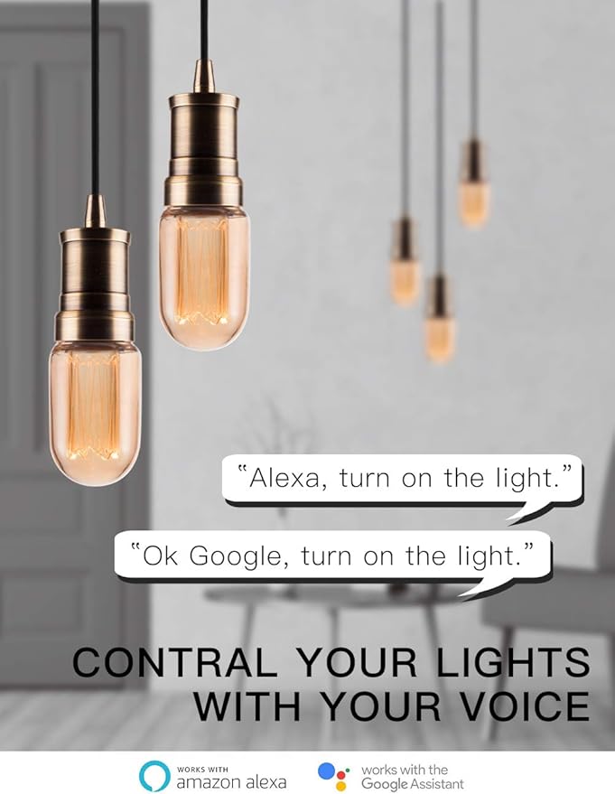 Smart WiFi Decorative Tube LED Light Bulb, 3.8W Amber RN Vintage Edison LED Bulb, T45, Dimmable Soft Warm 2000K, E26 Base, No Hub Required, Compatible with Alexa and Google Home Assistant
