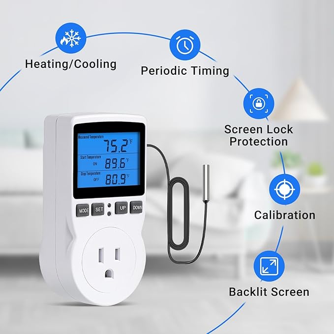 INKBIRDPLUS Plug in Thermostat Temperature Controlled Outlet Digital Thermostat Outlet Heating Cooling Control Timer 1800W 110V 15A Backlit Display (TC/Timer)