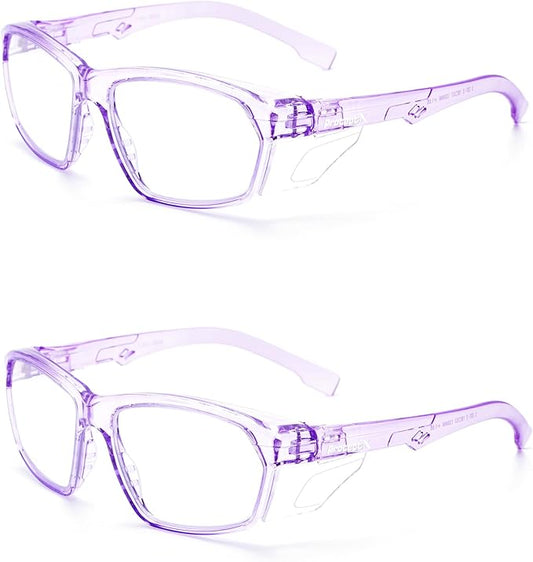 ProtectX Stylish Anti-Fog & Scratch-Resistant Safety Glasses, UV Protection Goggles, Anti-Impact Lightweight Glasses for Men＆Women Lilac Clear - 2 Pack