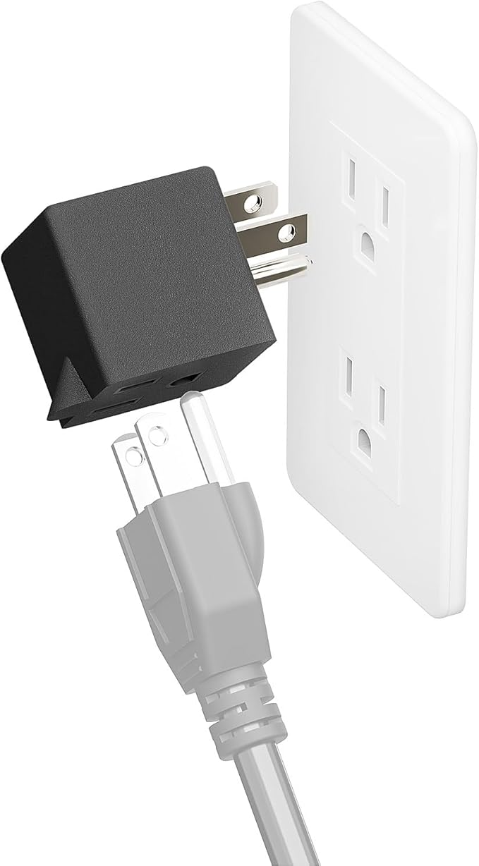 90 Degree Right Angle USA 3-Prong Male-Female Adapter, 5-15P to 5-15R, Black