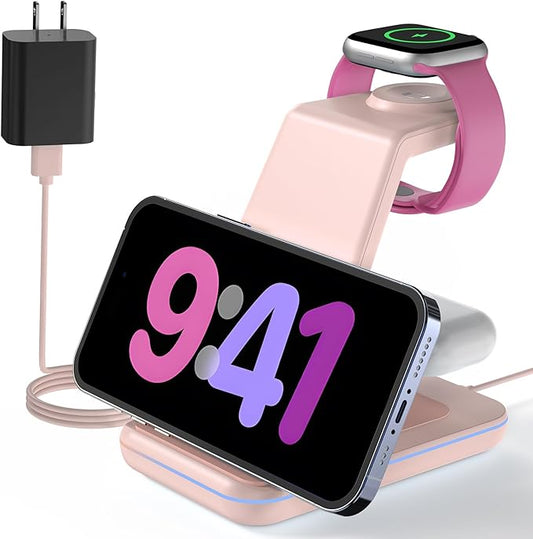 Wireless Charging Station for Apple Devices: 3 in 1 Phone Charger Stand for iPhone 16 15 14 13 12 11 SE X Pro Max - Apple Watch Ultra/10/9/8/SE/7/6/5/4/3 - AirPods Pro 2 3 4
