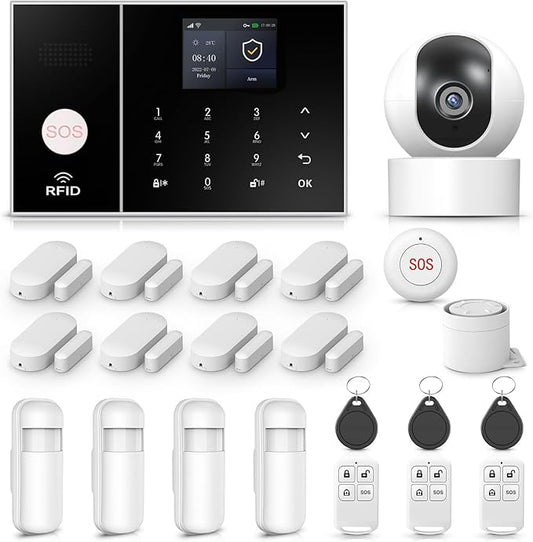 WiFi Alarm System for Home Security with Door/Window and Motion Sensors,108P HD Security Camera,Alarm Siren,Remote,Touch Screen,4G SMS/Tuya App Alert Push,Work with Google for Villa,Apartment