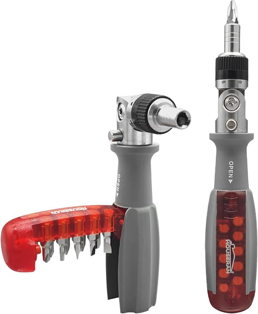 Ratcheting Screwdriver, HOUSERAN Ratcheting Screwdriver Set, 10-in-1 Multi Bit Screwdriver, 90-Degree Adjust Precision Screw Driver, Electrical and Electronics Ratchet Driver, Slotted/Philips/Torx