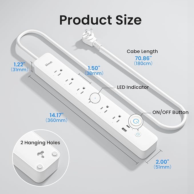 GHome Smart Plug Power Strip, WiFi Surge Protector with 6 Individually Controlled Smart Outlets, 3 USB Ports (2 USB-A and 1 USB-C), Works with Alexa & Google Home, Flat Plug for Home Office, 2.4Ghz