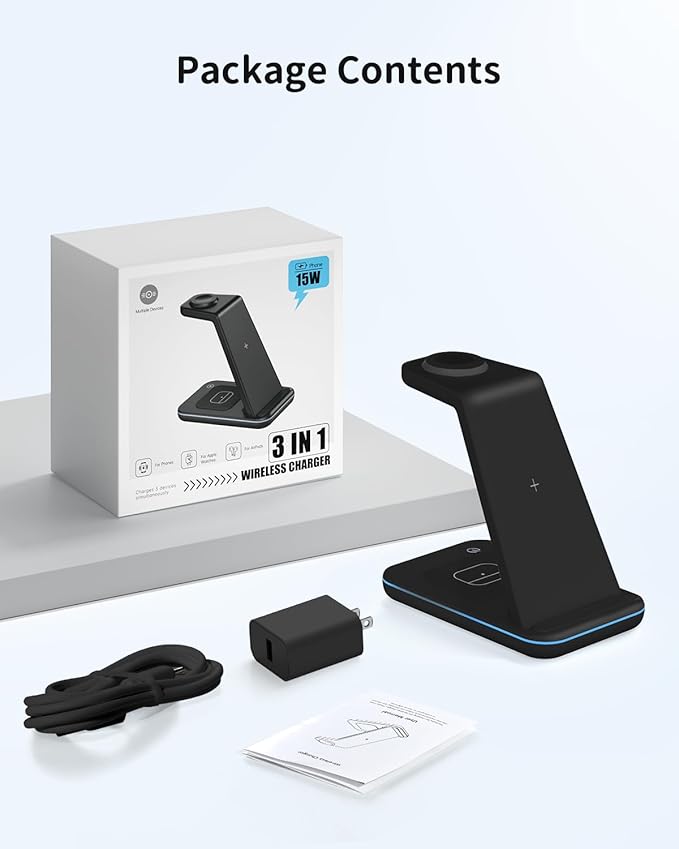 Wireless Charger for iPhone Charging Station: 3 in 1 Phone Charger Stand for iPhone 16/15/14/13/12/11/SE/X Pro Max Plus - Apple Watch Ultra/10/9/8/SE/7/6/5/4/3 - AirPods 2/3/4 Pro