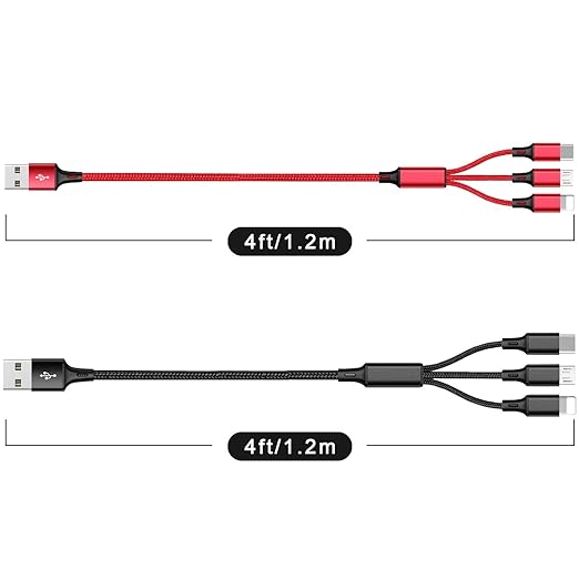 Multi Charging Cable, 4ft 2Pack Multi Phone Charger Cable Braided Universal 3 in 1 Charging Cord Extra Long Multiple USB Cable with USB C, Micro USB Port Connectors for Cell Phones and More（Red+Black)
