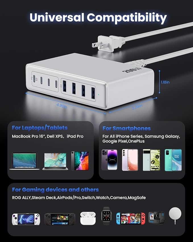200W USB C Charger Block,GaN IV Charging Station 8 Ports,QC4.0 Fast Charging Station Hub+PD 65W USB C Laptop Charger Adapter Compatible with MacBook Air/Pro,DELL,iPhone 16/15,iPad,Steam Deck-White
