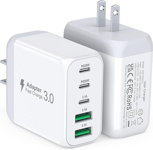 50W USB C Wall Charger Block, 2Pack 5-Port C Charger Fast Charging Block Dual PD Power Adapter&QC 3.0 Wall Plug Multiport Type C Charging Cube Brick for iPhone 16/15/14/13/12 Pro Max, iPad,Samsung