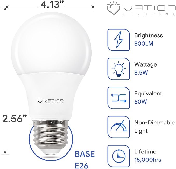 A19 LED Light Bulbs 3000K Warm White, 60 Watt Equivalent, Efficient 8.5Watt, 800 Lumens, E26 Medium Base, Non-Dimmable, ETL/UL Listed, 12 Pack