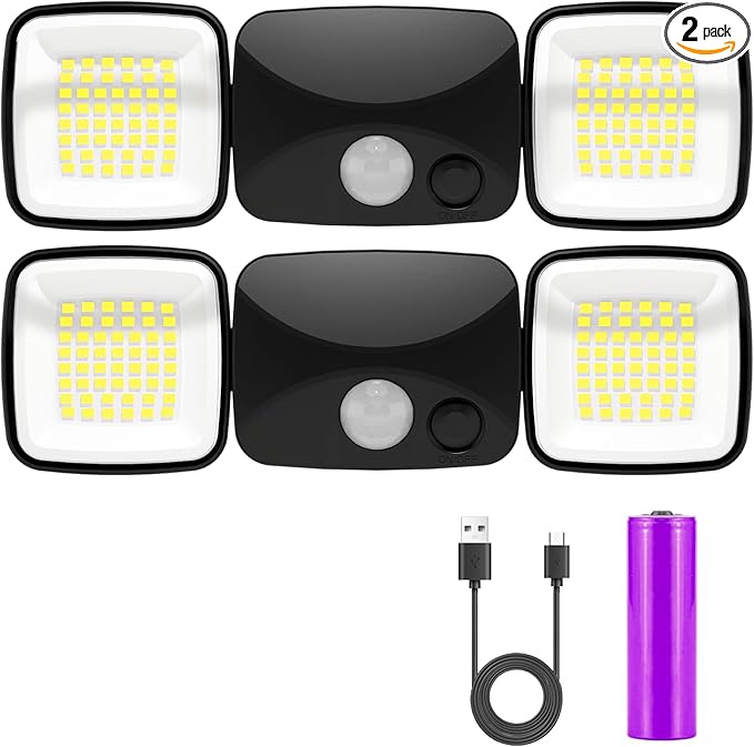 Rechargeable Battery Operated Lights 3-5 Months Endurance Motion Sensor Light Outdoor High Brightness, USB Charging Flood Light for Garage Entryways Yard Indoor Black 2Pack (Small Size)