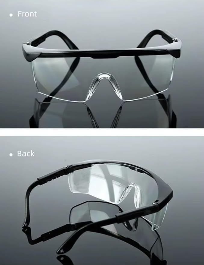 Safety Glasses Goggles (2 Pack) Shattered Proof, ANSI Z87.1 & EN 166 UV Resistant, Wide Frame Scratch Resistant Eye Shield Black Frame Wear over Glasses Adjustable temples Unisex.