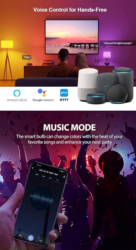 Smart LED Light Bulb, RGB+CCT, WiFi & Bluetooth Control, 16M Colors, Compatible with Alexa & Google Home, Color Changing, Music Sync, 15W, 850 Lumens