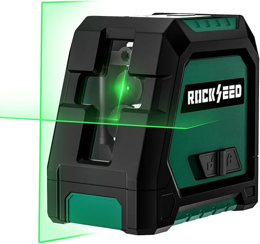 RockSeed Dual Modules Line Laser, Self Leveling Laser Level, Horizontal and 150° Vertical Green Beam, 2 AA Batteries, Carrying Bag, for Home Decoration/DIY/Construction Site