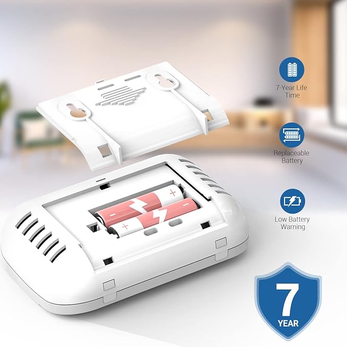 Carbon Monoxide Detector, 7 Year Sensor Life CO Detector with Battery Warning Indicator and Test Button, 85 dB, for Ceiling and Wall Mounting, White (2Pack)