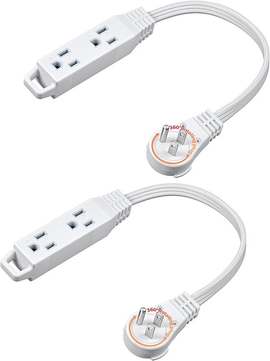 DEWENWILS 1FT 360° Rotating Flat Plug Extension Cord/Wire, 16AWG Multi 3 Outlet Extension Cord, 3 Prong Grounded Wire for Small Appliances, 2 Pack, White