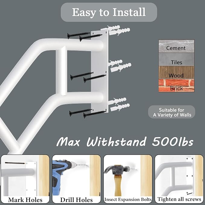 2 Pack Handrails for Outdoor Steps, Upgraded 27" Bent White Stair Handrails for Indoor or Outdoor, Wall Mounted Hand Stair Railings with Anti-Skid Crossbar, Safety for Elderly, Kids, Disabled