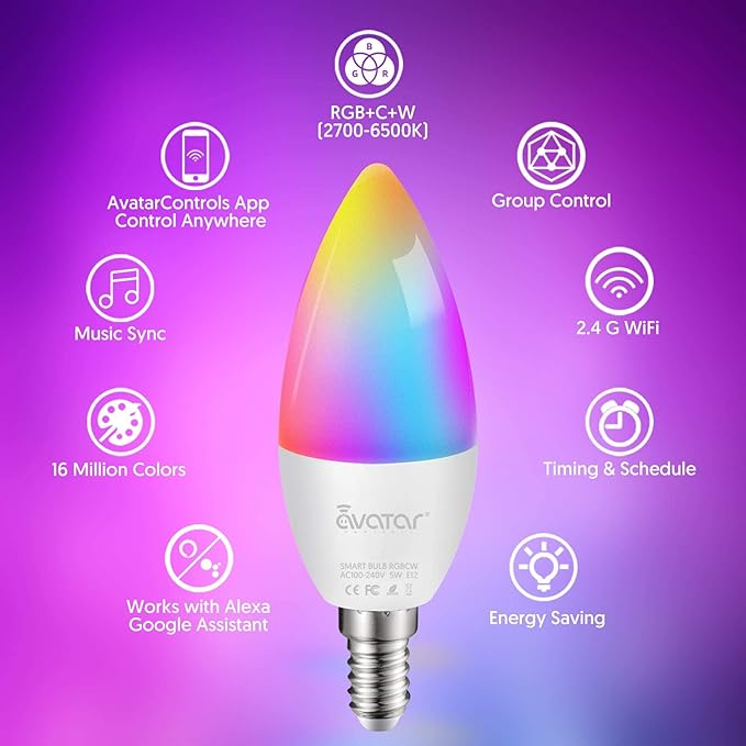 E12 Base Smart Bulb 4 Pack, 5W Candelabra Smart Light Bulbs - Alexa WiFi LED Lights B11 RGBCW Dimmable Color Changing Music Sync, Compatible with Alexa Google Home, 2.4 GHz Wi-Fi