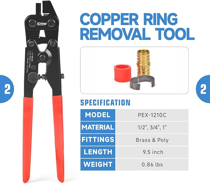 iCrimp ICP-1234AH PEX Crimping Tool Kit - 1/2-in & 3/4-in Copper Crimp Rings, Dual Size Crimper, PEX Removal Tool and Pipe Cutter - Meets ASTM F1807 Standard