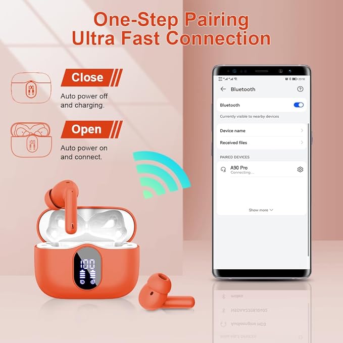 Wireless Earbuds, Bluetooth 5.4 Headphones Bass Stereo, Ear Buds with Noise Cancelling Mic LED Display, IP7 Waterproof in Ear Earphones, 36H Playtime for Laptop Pad Phones Sports Workout, Orange(2025)