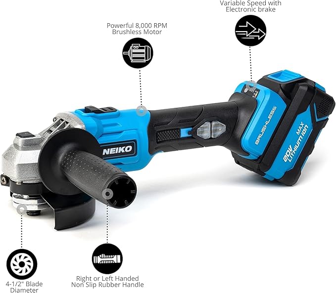 NEIKO 10881A Cordless Angle Grinder, 4 1/2-Inch Grinder with Variable Speed, 20V 4.0A Li-ion Rechargeable Battery, Powerful 8,000 rpm Brushless Motor, Grinders Power Tools, Cordless Grinder Tool