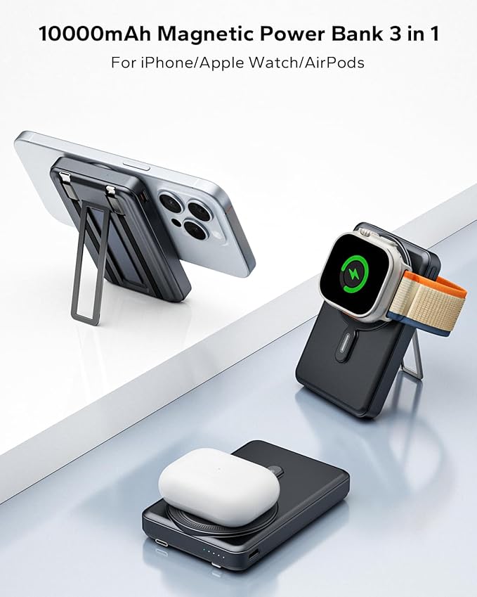 for Magsafe Portable Charger 10000mAh, Wireless Magnetic Power Bank for Apple Watch, 5 in 1 Fast Charging External Battery Pack with Cable and Stand for iPhone 16 Pro Max/15/14/13 Mini(Black)