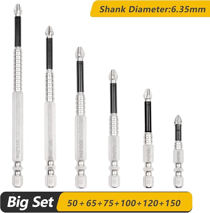 Magnetic Screwdriver Bit Set, 6-Piece S2 Steel Extension Bits, 2-6 Inch Lengths, High Torque Impact Driver Compatible