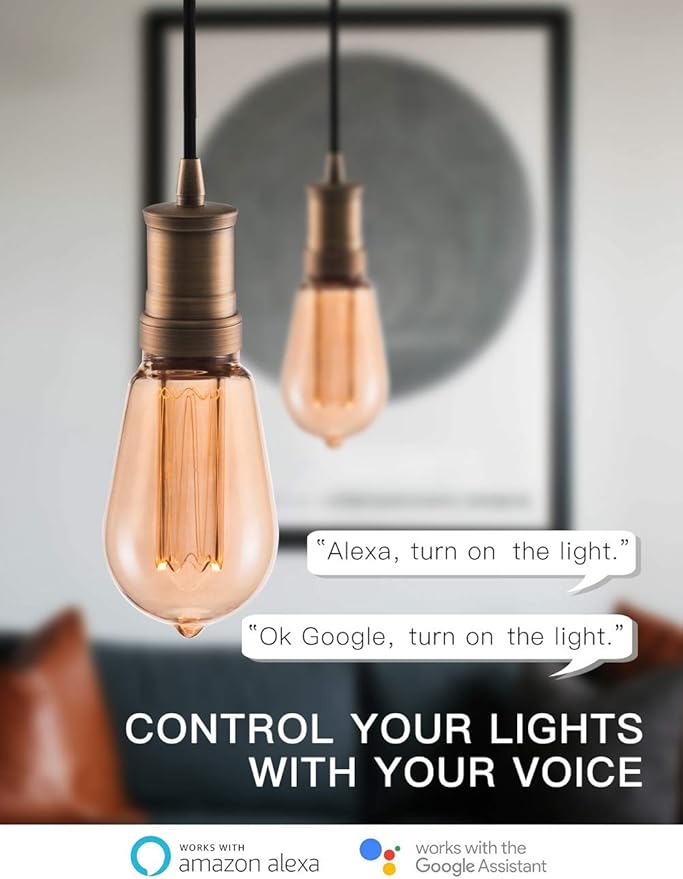Smart WiFi Decorative LED Light Bulb, 3.8W Amber RN Vintage Edison LED Bulb, ST64/ST19, Dimmable Soft Warm 2000K, E26 Base, No Hub Required, Compatible with Alexa and Google Home Assistant