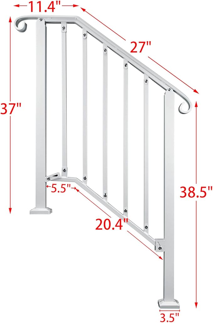 Adjustable Handrails for Outdoor Steps, Handrail Picket #2 Hand Rails for Outdoor 2 or 3 Steps, Mattle Wrought Iron Handrail, Stair Rail with Installation Kit for Outdoor Steps, White