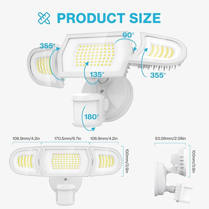 Olafus 100W LED Security Light Motion Sensor Outdoor Light, 2 Pack Motion Flood Light Dusk to Dawn, 9000LM Super Bright 6500K Exterior Motion Detector Floodlight for Garage Yard Porch Eave IP65, White
