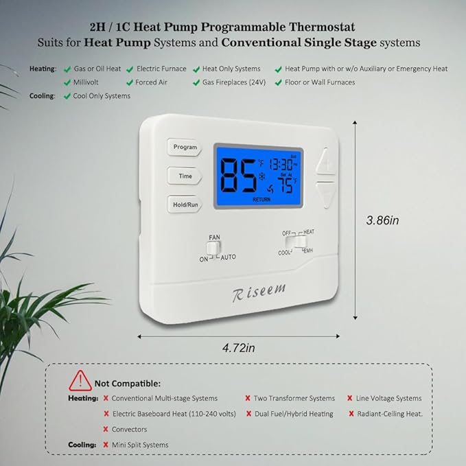 Thermostat for Heat Pump,Programmable Thermostat for Home,Single-Stage Systems,2 Heat/1 Cool Heat Pump Or 1 Heat/1 Cool,Easy DIY Install,Blue Backlight