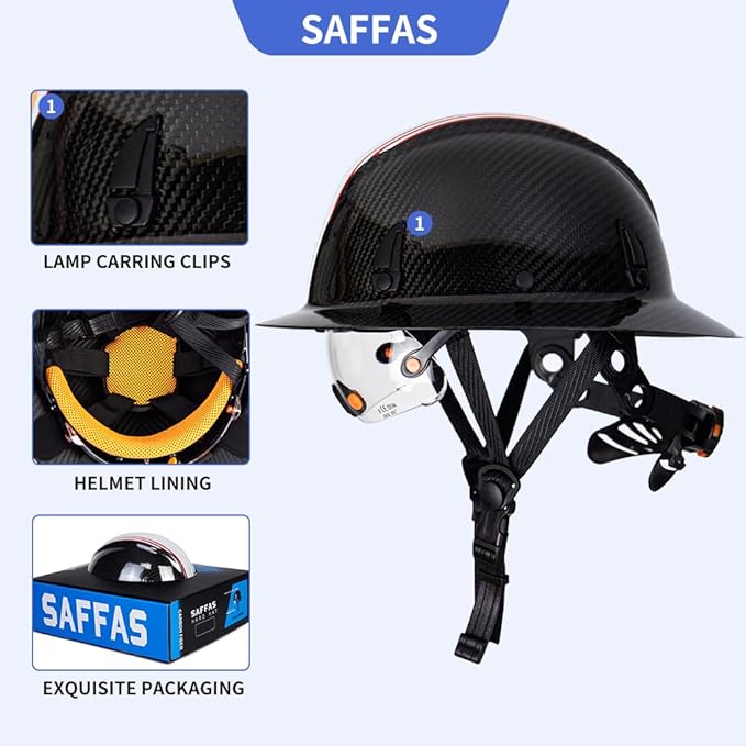Carbon Fiber Full Brim Hard Hat Safety Helmet with Goggles and Leather Chin Strap 6-Point Suspension Adjustable Knob with Neck Protection