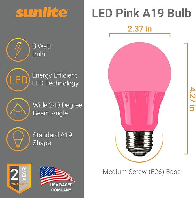 Sunlite 80168 LED A19 Colored Light Bulb, 3 Watts (25w Equivalent), E26 Medium Base, Non-Dimmable, UL Listed, Party Decoration, Holiday Lighting, 1 Count, Pink